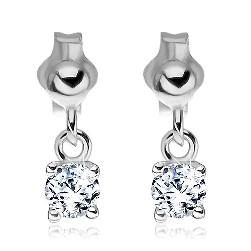 Strieborné náušnice 925 - visiaci číry zirkón na puzetke, 4 mm