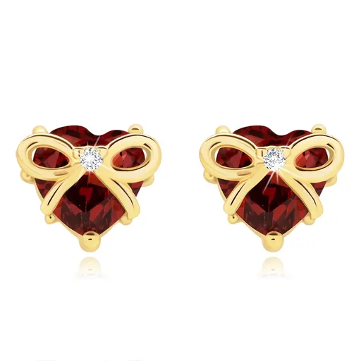 Náušnice zo žltého 14K zlata s granátovým srdcom a mašľou