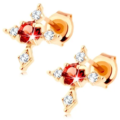 Zlaté náušnice 9K v tvare kríža s granátom a zirkónmi