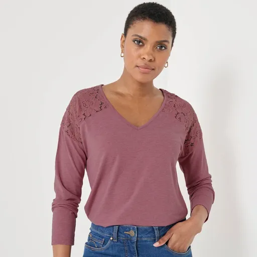 Tričko s výstrihom do V, dlhými rukávmi a čipkou
