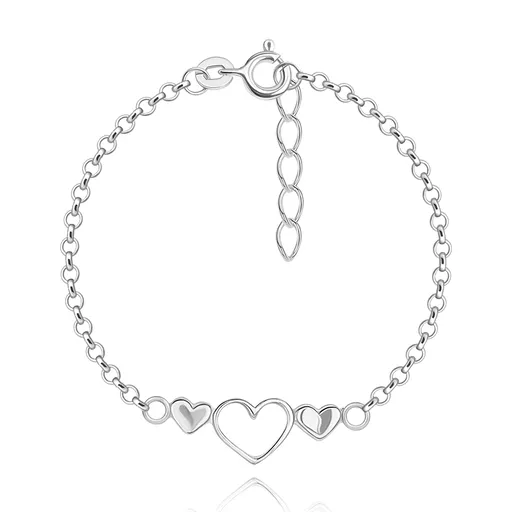 Detský strieborný 925 náramok - tri pevne spojené srdiečka, okrúhle očká