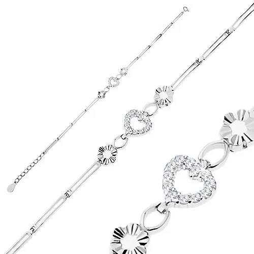 Náramok zo striebra 925, lesklé podlhovasté články, kontúry kvetov a srdca