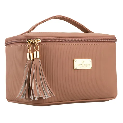 Béžová dámska kozmetická taštička z textilného materiálu s jednou komorou