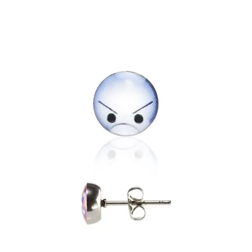 Oceľové náušnice striebornej farby, číra glazúra, nahnevaný smajlík