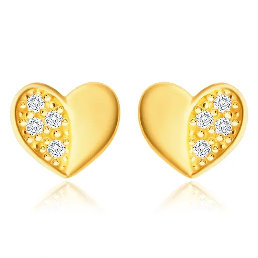Diamantové náušnice zo žltého 585 zlata - srdiečko s lesklou a briliantovou polovicou