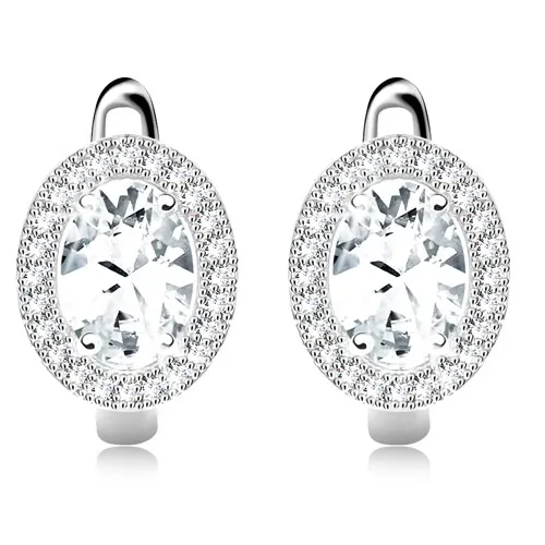 Strieborné 925 náušnice, oválny zirkón čírej farby, lem z drobných zirkónikov