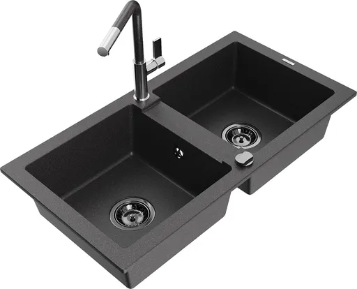 MEXEN/S MEXEN/S - Mario granitový drez 2-bowl vrátane batérie Flora, čierna kropenatá 6504-76-670401-08-B