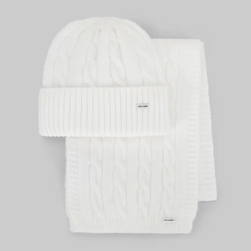 Dámsky zimný komplet – biela čiapka s brmbolcom a šál s vrkočovým vzorom 101-SF-020-0