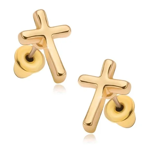Náušnice s lesklým povrchom v zlatej farbe, latinský kríž