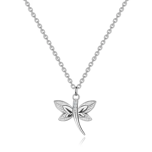 Náhrdelník v 925 striebre - vážka, hladké a vrúbkované krídla, zirkóny