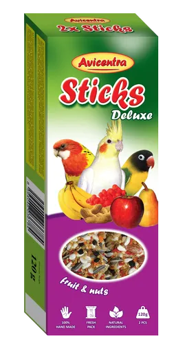 Avicentra Sticks Deluxe tyčinky Malí a Strední papagájové s ovocím a orechmi 110 g