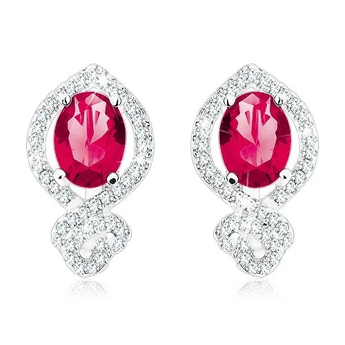Ligotavé náušnice, striebro 925, červenoružový ovál v čírej zirkónovej obrube