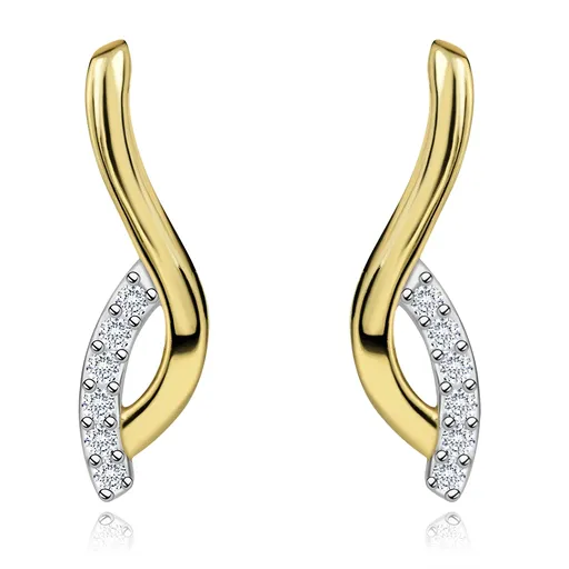 Zlaté náušnice 14K so zvlnenou líniou a zirkónovým oblúkom