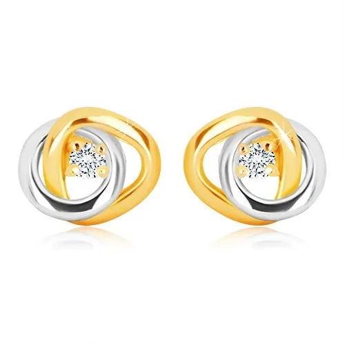 Náušnice v 14K zlate - dvojfarebné prepojené prstence, trblietavý číry briliant