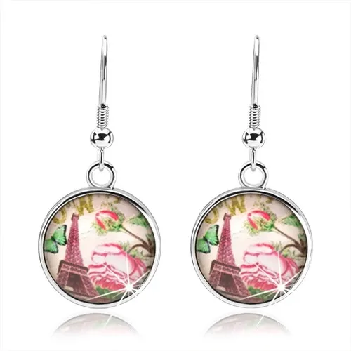 Cabochon náušnice, kruh s glazúrou, Eiffelova veža, motýlik, ruže s lístkami