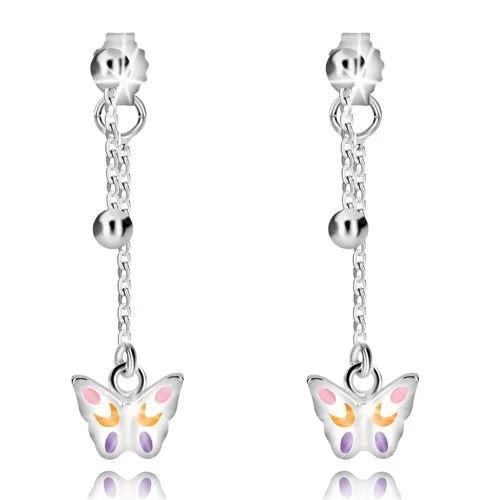 Strieborné náušnice 925 - gulička a motýlik na retiazke, puzetky s ozdobou