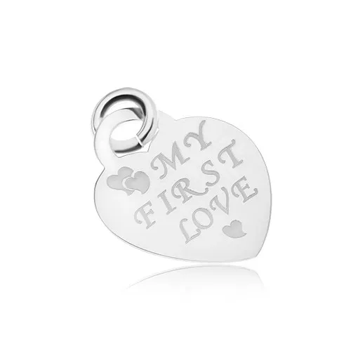 Strieborný 925 prívesok súmerného srdiečka, lesklý a plochý, MY FIRST LOVE