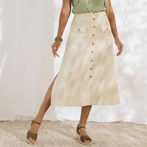 Midi sukňa na zapínanie, zo zmesi bavlny a ľanu