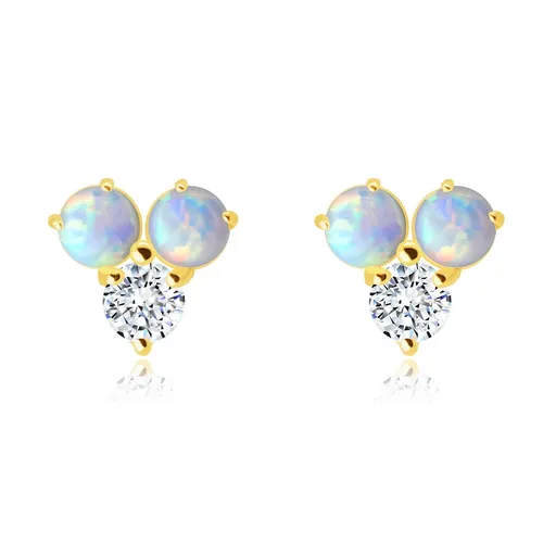 Zlaté 585 náušnice - okrúhly číry zirkón, dva biele syntetické opály s dúhovými odleskami, puzetky