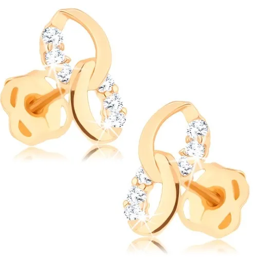 Náušnice zo žltého 14K zlata - dve prepojené elipsy, línie čírych diamantov