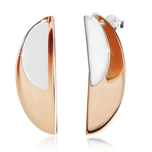 Strieborné náušnice 925 - lesklé oblúky v striebornej a medenej farbe, puzetky