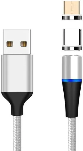 PremiumCord Magnetický micro USB a USB-C nabíjací a dátový kábel, 1m, strieborná