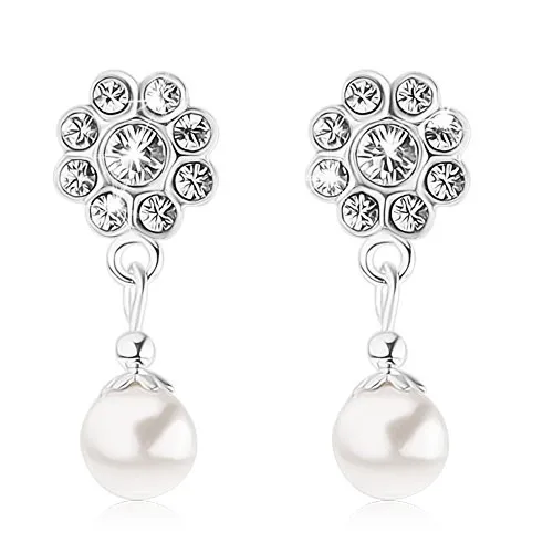 Puzetové náušnice, striebro 925, kvietok z krištáľov Swarovski, biela perlička