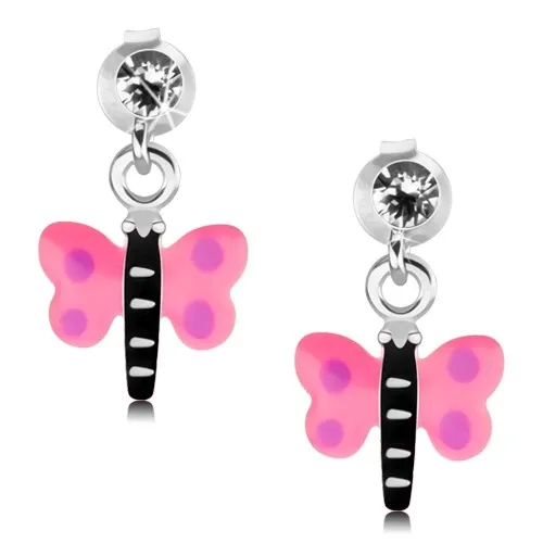 Strieborné 925 náušnice, motýlik s ružovými krídlami a fialovými bodkami