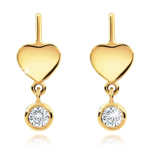Náušnice v žltom 14K zlate - tenký hladký krúžok, lesklé srdiečko a číry zirkón