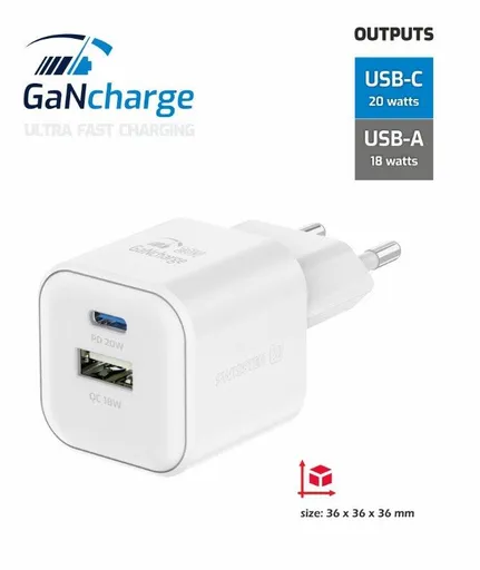 SWISSTEN SIEŤOVÝ ADAPTÉR GaN 1x USB-C 20W PD A 1x USB-A 18W QC BIELÝ