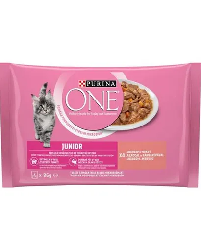 PURINA ONE cat Junior mini filetky s lososom a mrkvou v šťave pre mačky 4x85g