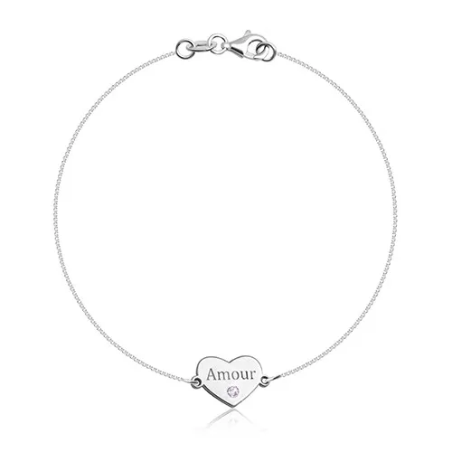 Náramok zo striebra 925 - pravidelné srdiečko s nápisom "Amour" a zirkónikom ružovej farby