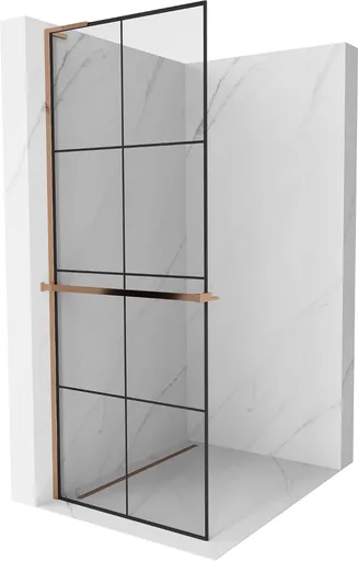 MEXEN/S - Kioto+ L Sprchová zástena WALK-IN s poličkou a držiakom uterákov 80 x 200, čierny vzor, ružové zlato 800-080-123-60-77