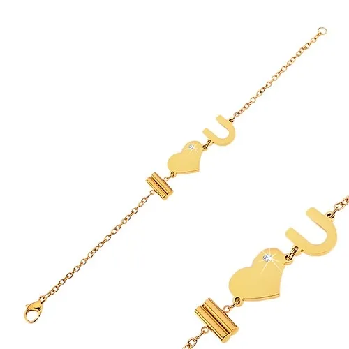 Oceľový náramok zlatej farby s nápisom I Love You a čírym zirkónom