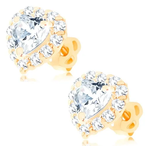Náušnice zo žltého 14K zlata - číre srdce lemované okrúhlymi zirkónikmi