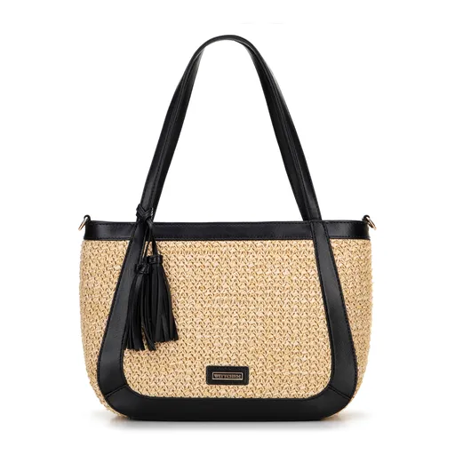 Dámska kabelka na rameno z výpletu béžovo-čierna 100-4Y-406-91