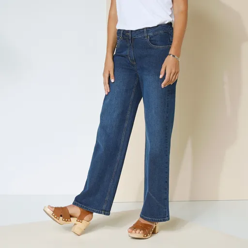 Široké strečové džínsy pre postavu menej ako 165 cm