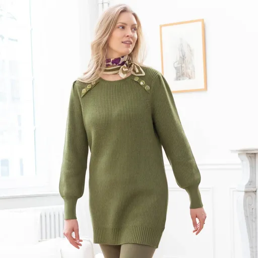 Jednofarebný tunikový pulóver s ozdobnými gombíkmi