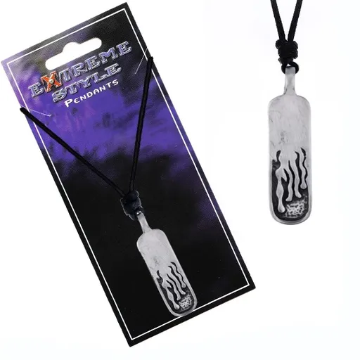 Šnúrkový náhrdelník - lesklý kovový štítok, vyryté plamene