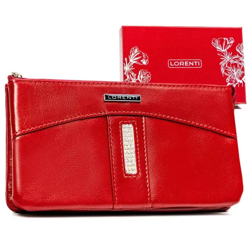Kožená, červená dámska peňaženka s ozdobnými kryštálmi na prednej strane - Lorenti