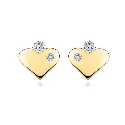 Náušnice zo 14K žltého zlata - silueta srdca, okrúhle zirkóny, puzetky