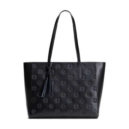 Dámska shopperka z kože so vzorom (sygnatúrou) čierno-zlatá 100-4E-611-1G