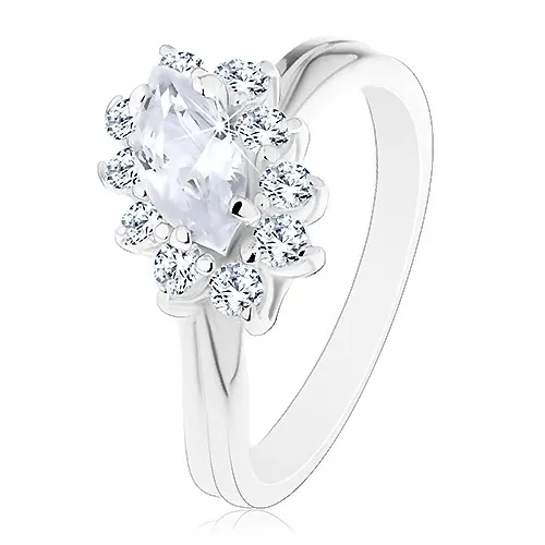 Prsteň s lesklými ramenami, číre zrnko s čírou zirkónovou obrubou - Veľkosť: 49 mm