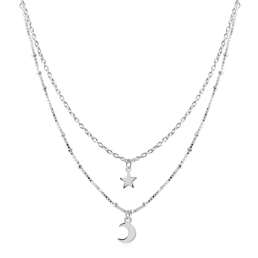 Strieborný 925 náhrdelník - dvojitá retiazka, prívesok hviezdička a polmesiačik