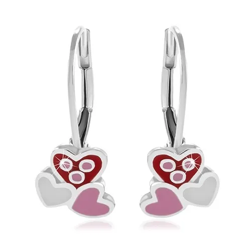 Strieborné 925 náušnice, tri ružové a biele glazúrované srdiečka
