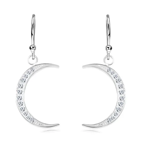 Strieborné 925 náušnice, úzky kosák mesiaca vykladaný ligotavými zirkónmi
