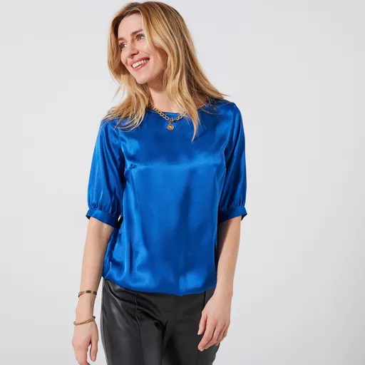 Saténová blúzka s okrúhlym výstrihom a rukávmi po lakte