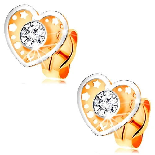 Dvojfarebné náušnice v 14K zlate - srdiečko s drobnými výrezmi a čírym zirkónom