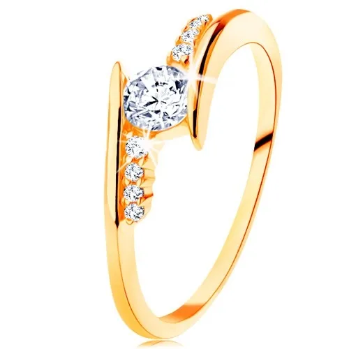 Prsteň v žltom 14K zlate - zahnuté ramená, číre zirkónové línie, okrúhly zirkón - Veľkosť: 50 mm