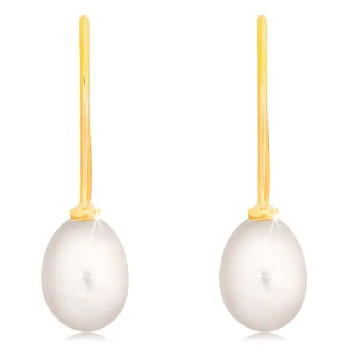 Náušnice v žltom 14K zlate - biela oválna perla na háčiku